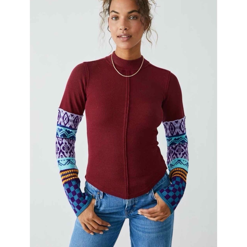 New Free People Gorgeous Thermal Long-Sleeve Top Red XS
